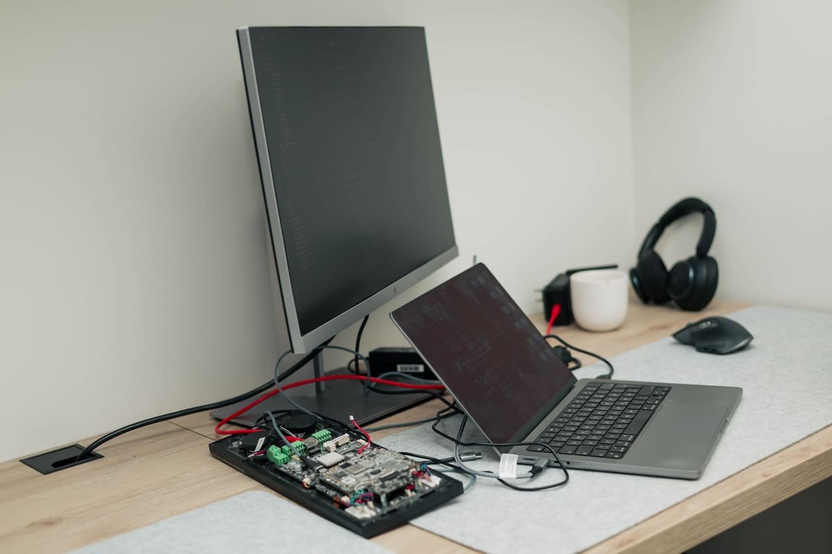 An embedded controller board wired to a laptop on a TekPiq engineer's desk